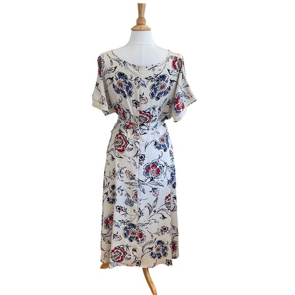Ann Taylor Floral Autumn Colors Short Sleeve Midi Tie Dress, Lace, Pleats, 14 - Picture 3 of 11